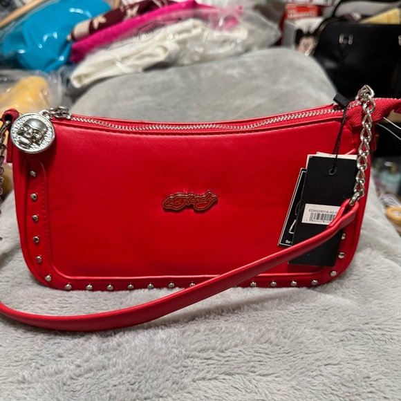Ed Hardy Handbags - Ed Hardy Bright Red Studded Shoulder Bag/Cross Body with Chain Accent